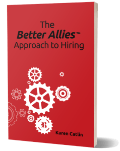 Photo of the Better Allies Approach to Hiring book, which has a red background and a collection of white gears in different sizes