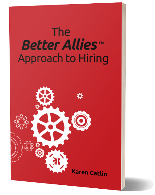 Photo of the Better Allies Approach to Hiring book, which has a red background and a collection of white gears in different sizes