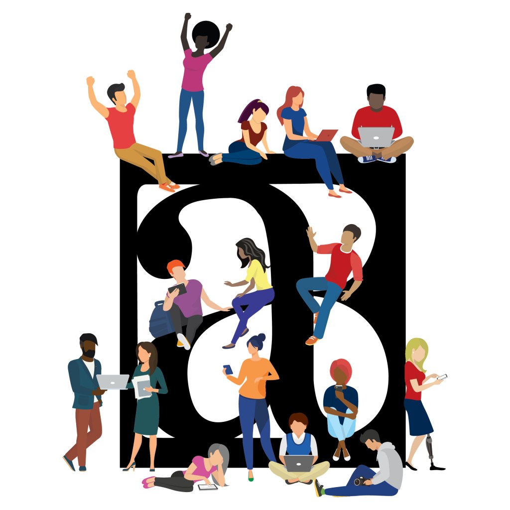 The Better Allies logo imagined as a cool workspace with people of different genders, skin colors, and abilities working on and around it