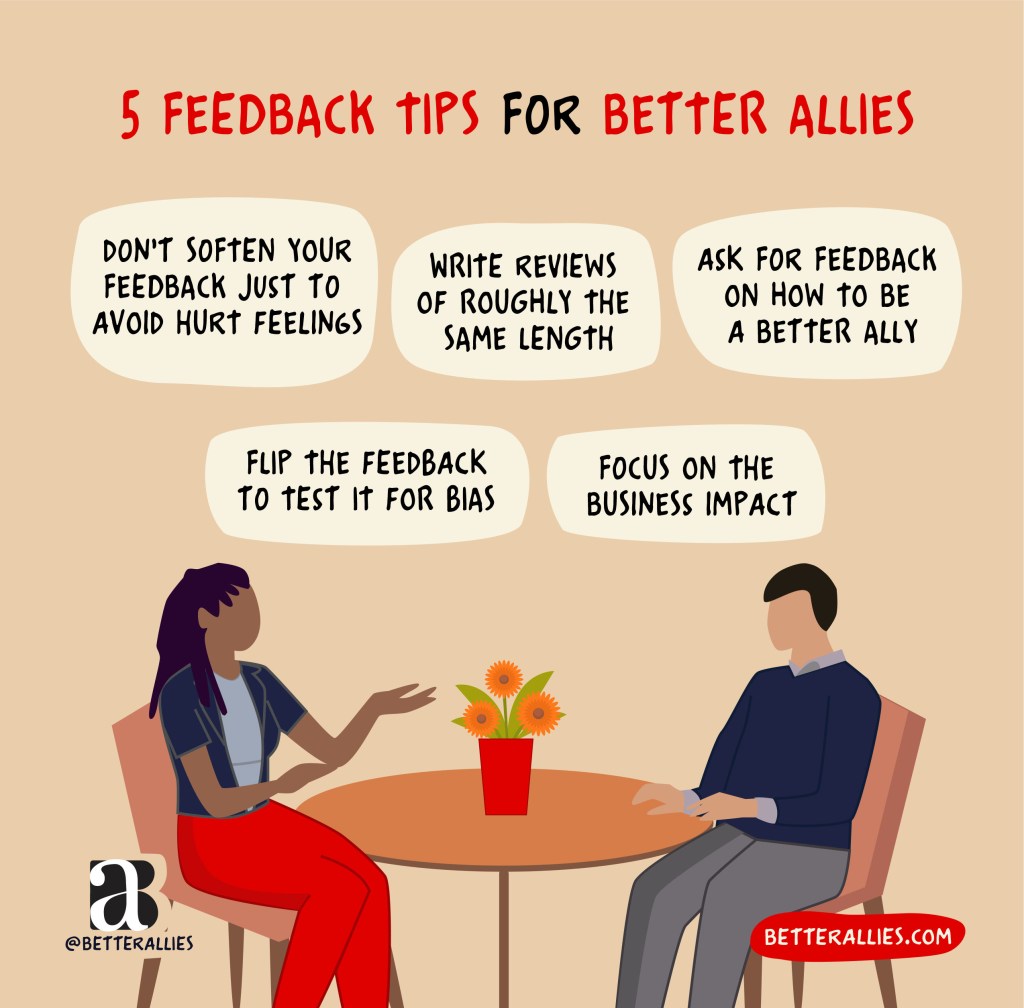 Drawing of a Black person and a white person at a table. Title: 5 Feedback Tips for Better Allies, with text bubbles above the people with the phrases Don't soften your feedback just to avoid hurt feelings, Write reviews of roughly the same length, ask for feedback on how to be a better ally, flip the feedback to test it for bias, focus on the business impact. In the lower corners are the better allies logo and a red bubble with betterallies.com.