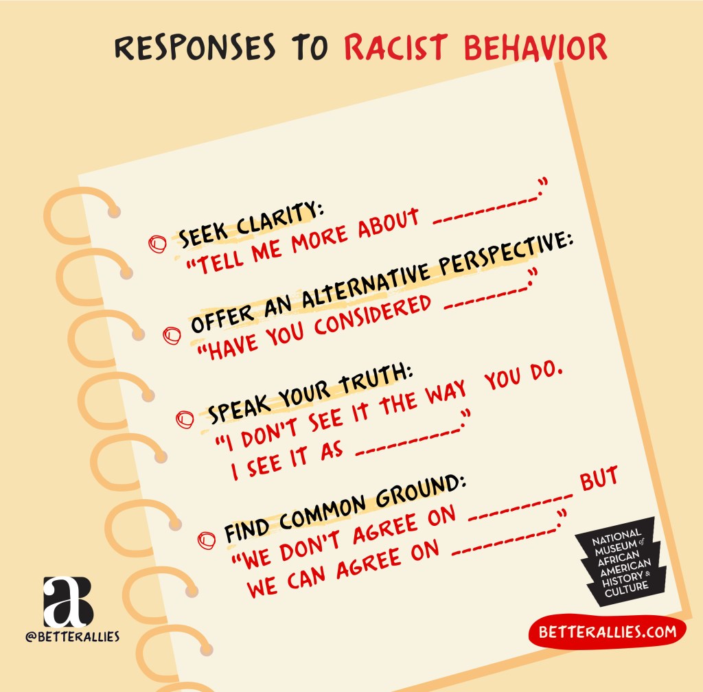 Illustration titled Responses to Racist Behavior. There is a spiral notebook page with 4 points. Seek clarity: “Tell me more about __.” Offer an alternative perspective: “Have you ever considered __.” Speak your truth: “I don’t see it the way you do. I see it as __.” Find common ground: “We don’t agree on __ but we can agree on __.” The page has the National Museum of African American History & Culture. In the lower corners are the better allies logo and a red bubble with betterallies.com.